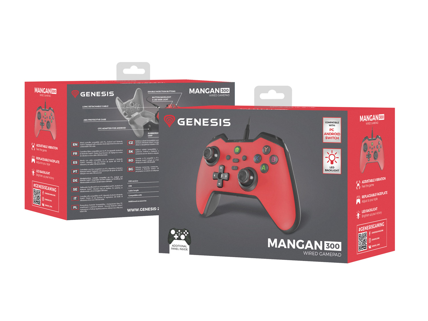 Drátový gamepad Genesis MANGAN 300, pro PC/Switch/Mobil, červený